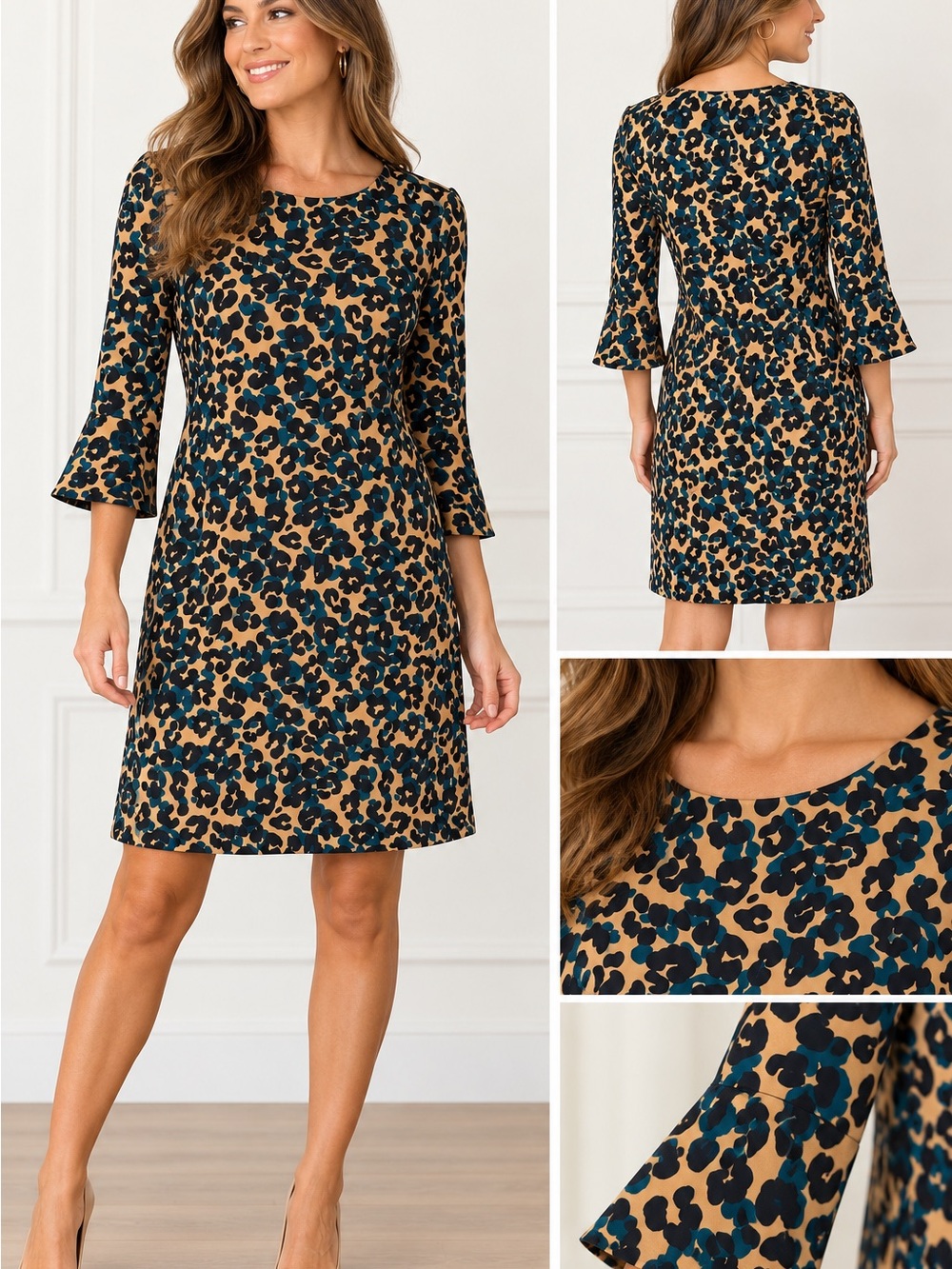 Jude Connally Leopard Print Shift Dress Size 8 Teal Black Camel 3/4 Bell Sleeve